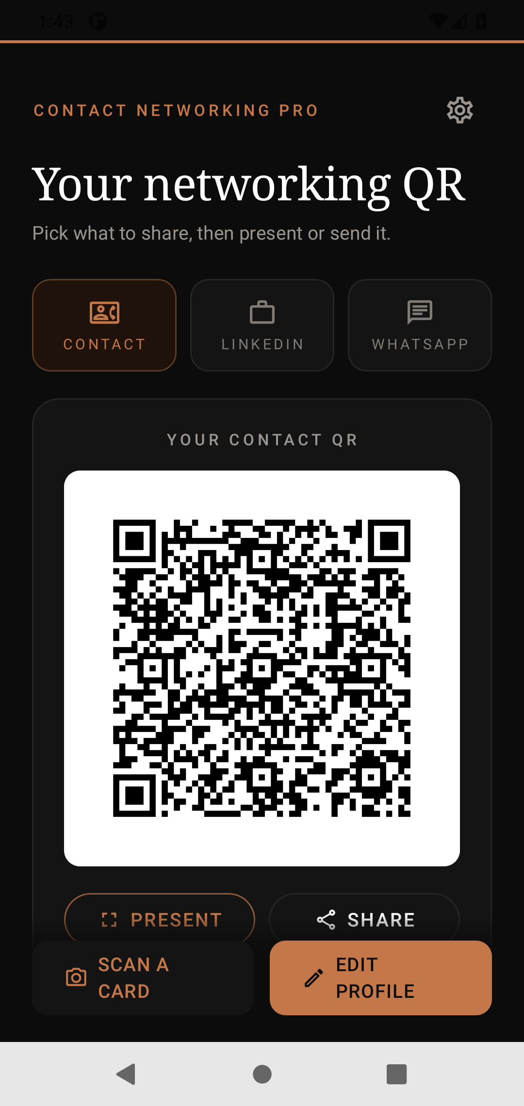 Contact Networking Pro v1.8 running on Android with a contact QR ready to share