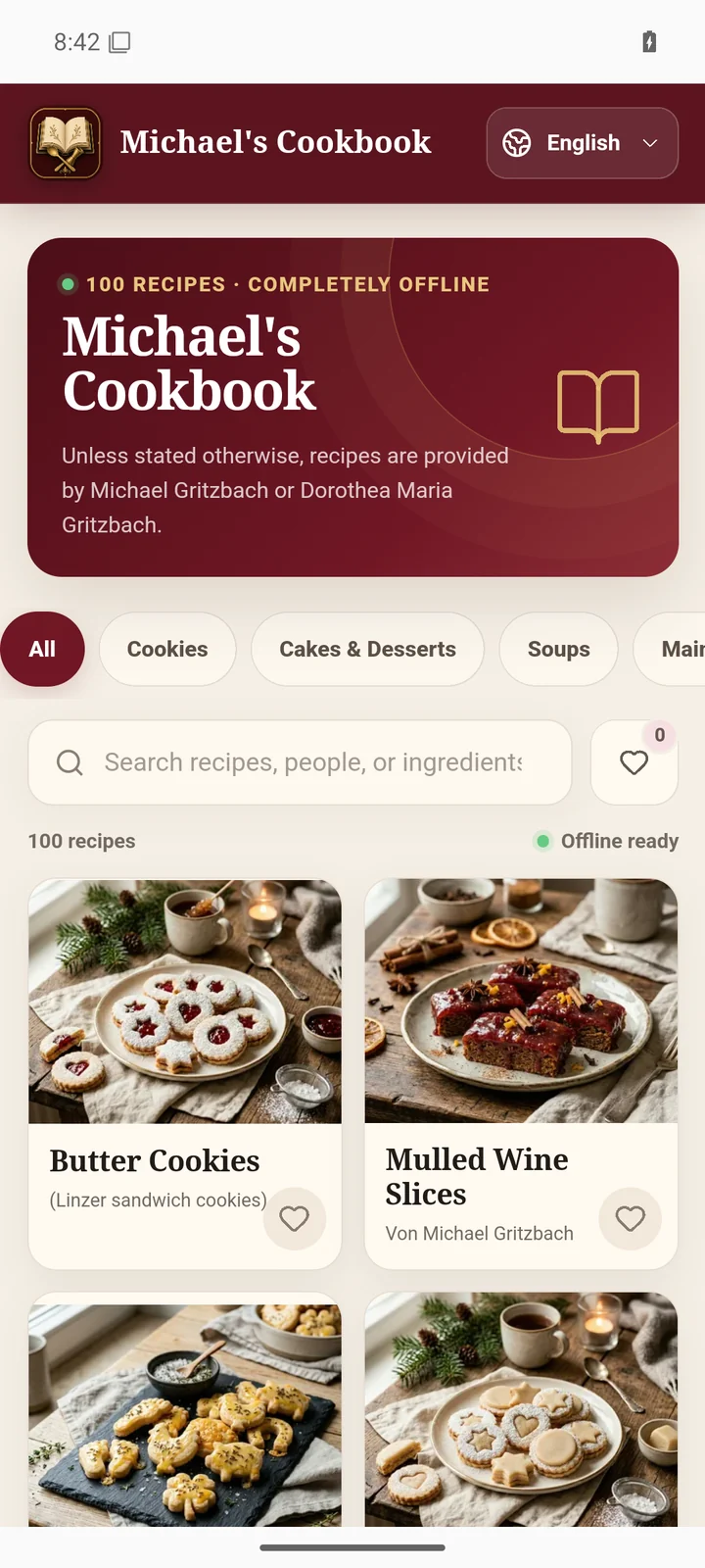 Michael's Cookbook Android app showing the offline multilingual recipe collection