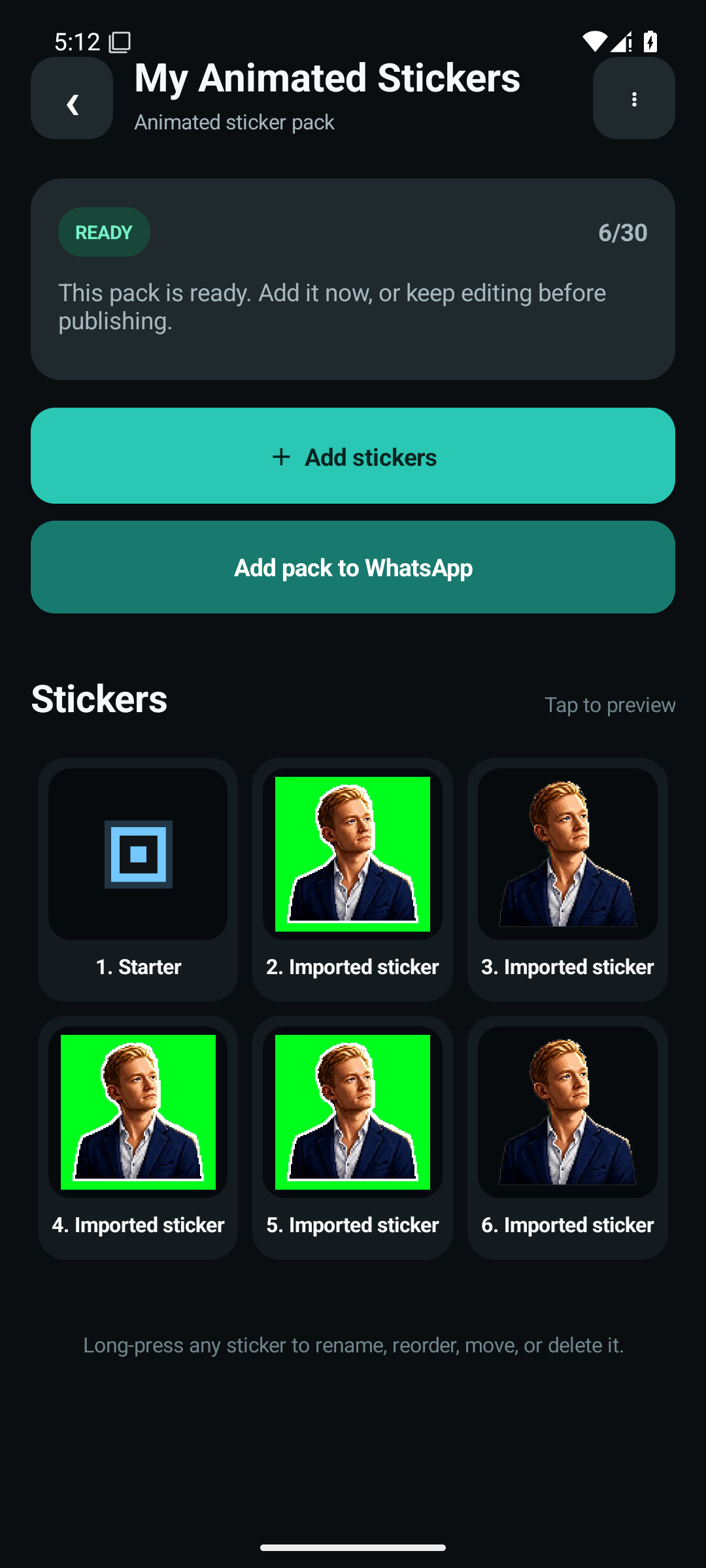 Motion Sticker Lab Android app showing a named animated sticker pack in its three-column editor