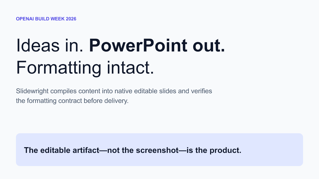 A real Slidewright-rendered PowerPoint slide reading Ideas in, PowerPoint out, formatting intact