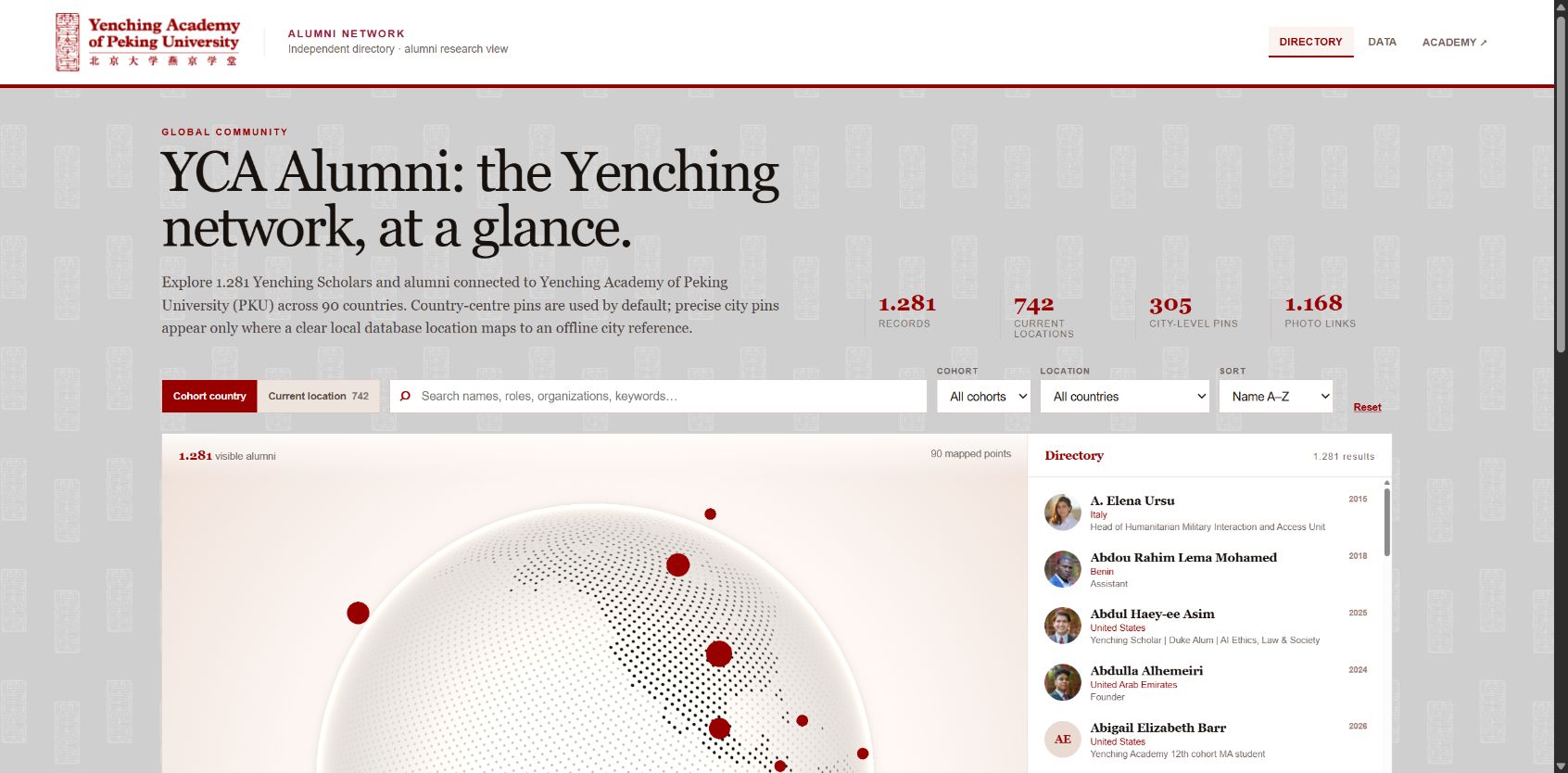 The live YCA Alumni Network interface showing its searchable directory and global map